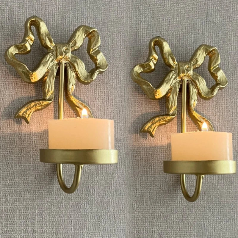 Vintage Wandkerzenhalter aus Eisen in Gold mit Schleife - Scheinraum.de