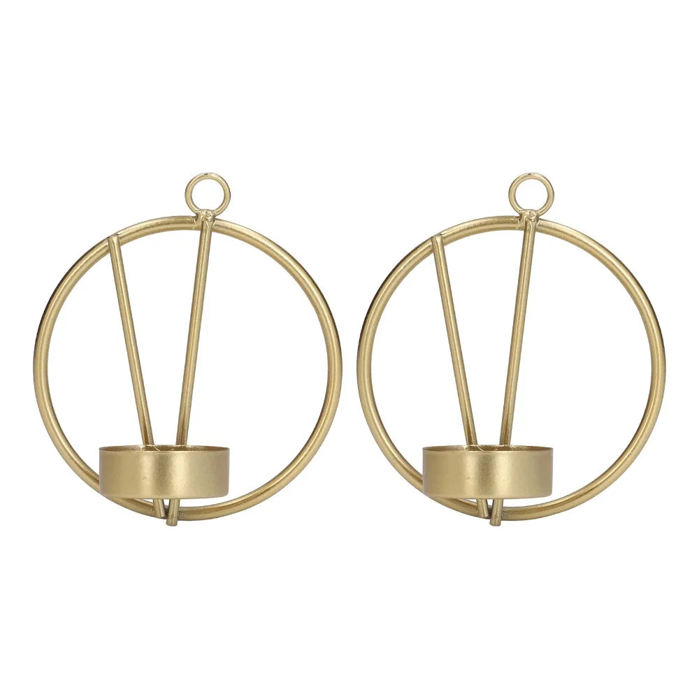 2 goldene Wandkerzenhalter aus Eisen, rund-geometrisch - Scheinraum.de
