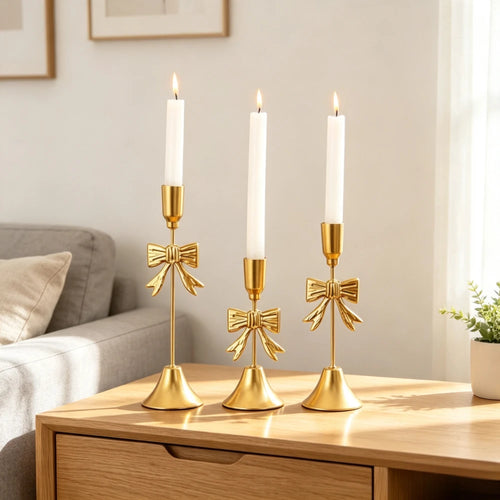 3-teiliges Set goldener Vintage-Kerzenständer mit Schleifen - Scheinraum.de