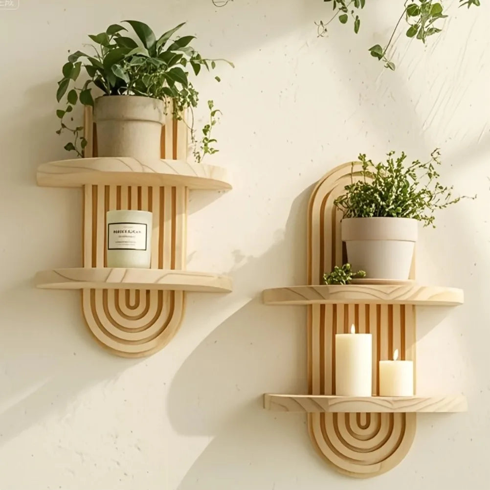 Boho Wandregal aus Holz mit Bogenrahmen, einstöckig - Scheinraum.de
